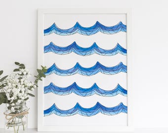 Wave Print, Ocean Waves Art, Surfer Decor, Surfing Artwork, Wave Wall Art, Wall Print Blue, Digital Art Print, Downloadable Printable Art