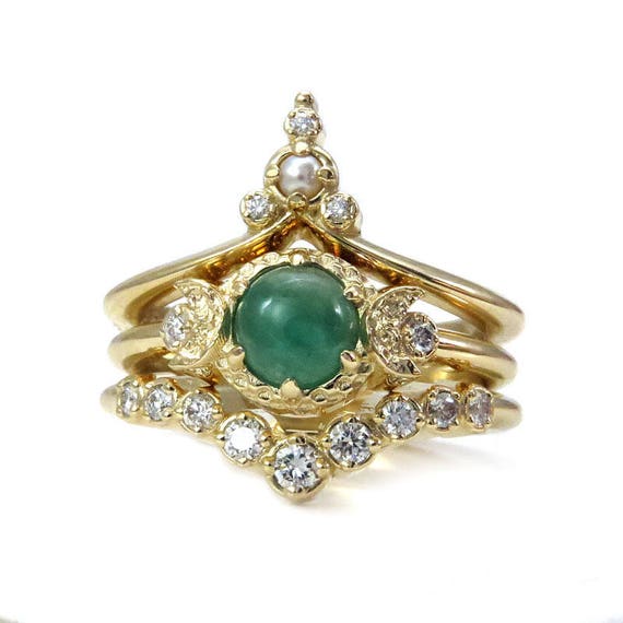 Emerald Moon Temple Gold Engagement Ring Set with White Diamonds and Seed Pearl