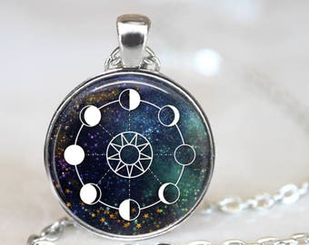 Space Stars Moon Phase Pendant Necklace with Chain and organza gift bag Birthday Christmas Present Gift