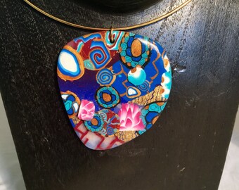 Pendant fimo shades turquoise, blue, gold, China patterns