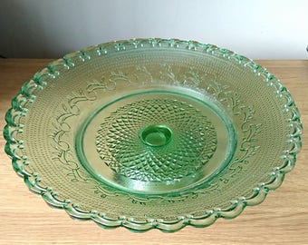Vintage Cake Stand Green Glass Art Deco Pressed Glass Large Gateau Stand