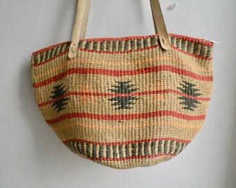 90s Tribal Aztec Sisal or Jute Market Bag Tan and Red Hobo Bag Basket Purse