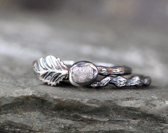 Twig & Leaf Raw Diamond Engagement Ring Set - Nature Inspired - Raw Uncut Rough Diamond Rings - Raw Diamond Jewellery Made in Canada