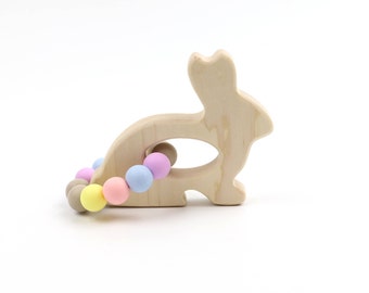 Bunny Teether - Wood Baby Toy, Natural, Organic Maple Baby Wood Toy Easter