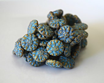 Turquoise Washed Dahlia Flower Glass Beads Dahlia Beads Aqua Beige Flower Czech Glass Beads Flower Blue Flowers 14mm (4pcs) 83V3