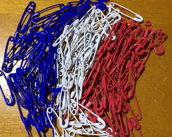 150 Plus Colored Safety pins mix of patriotic red white and blue 3/4 inch metal coiled