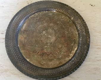 silver tray - distressed tarnished patina with ornate reticulated rim - shabby cottage chic