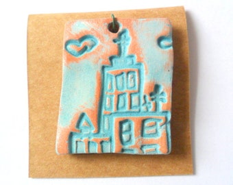 The City Pendant Finding, Distressed Turquoise Glazed Terra Cotta Kiln Fired Clay