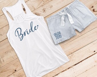 Something Blue Glittery Bride {with Heart} Flowy Tank and Striped Seersucker Boxer Set /// Bride Pajama, Bride Boxer | #1489