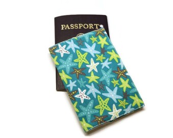 Teal starfish fabric passport case holder cover. Travel gift idea. Monogramming available.