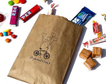 Wedding Candy Bags (25), Wedding Favor Bags, Candy Buffet Bags - Bicycle Heart Balloons "all you need is love" - Kraft Paper or White Paper
