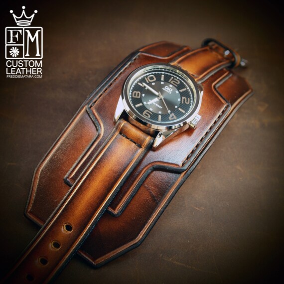 Leather cuff watch Brown Tobacco sunburst Super wide layered Brown watch band cuff Bracelet Handmade for YOU in USA by Freddie Matara