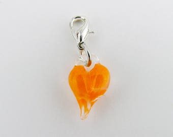 Orange Glass Love Charm Pendant, Hand Blown Glass , Glass Heart Clip, Boro dangle, Lampwork jewelry, Boro, Heart Charm Clasp