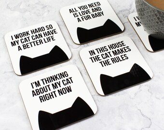 Cat coaster set for crazy cat lady, Housewarming gift set of 4 cat coasters gift for cat lover