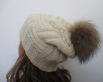 A hand knitted women beanie hat, winter, pom pom, fur (raccoon),slouchy #197