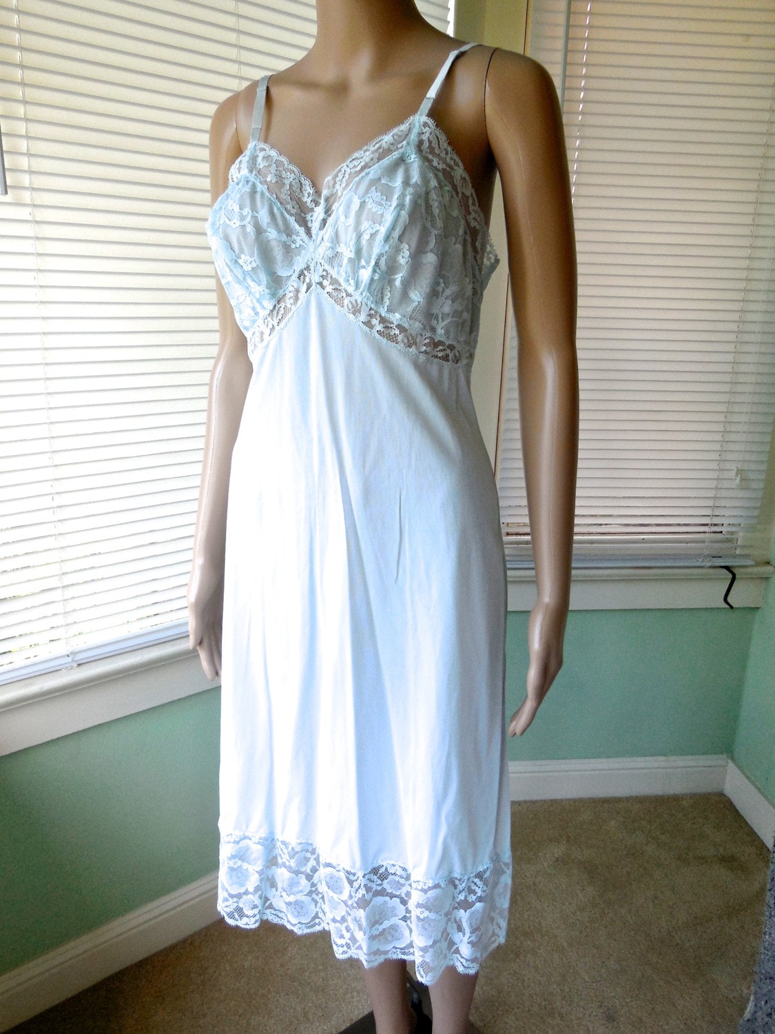 Vintage SLIP Dress/Full Slip/Light Blue Dress Slip/Blue Lace