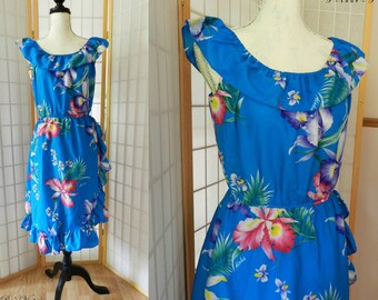 Vintage Helena's Hawaiian Tropical Blue Dress, Long Ruffled Summer Dress S/M