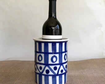 Vintage Dansk Arabesque Utensil Holder, Vase or Wine Bottle Chiller - Navy Cobalt Blue n White, Hand Painted, Porcelain Ceramic China, Bold