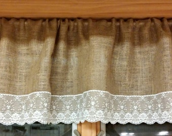 Burlap and lace valence curtain window treatment