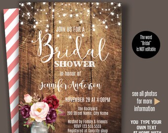 Bridal Shower Invitation, Printable templates, floral shower, rustic shower, Instant Download Self Editable PDF A3054