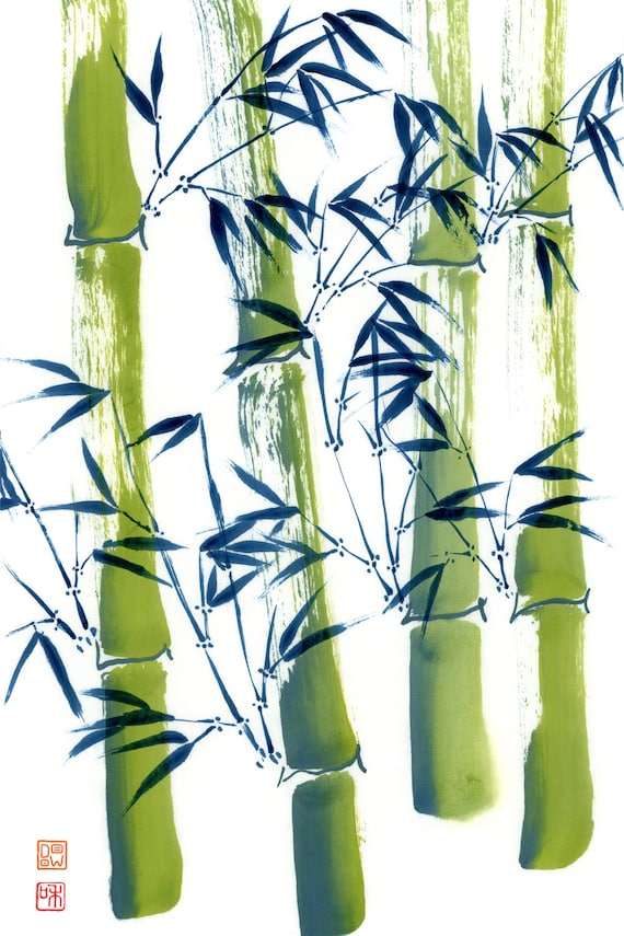  Bamboo  two color1 print  80071 sumi e watercolor painting