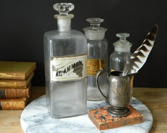 Antique Square Glass Apothecary Bottle with Stopper.