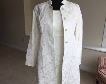 Vintage White Satin Brocade Pencil Sheath Dress Matching Coat 1960