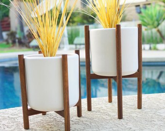 2 Mid Century Planters with Stands Staggered Pair Ceramic & Quad Bases - Modern Eames Era Bullet Vintage Style Pottery Walnut with Pot