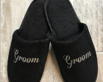 mens slippers, bestman slippers, black slippers, groom slippers, best man slippers, spa slippers, hotel slippers, personalised