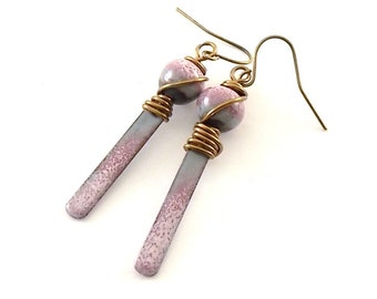 Handmade Earrings, Enameled Earrings, Gray and Pink Earrings, Rustic Earrings, Copper Earrings, Boho Earrings, Artisan Earrings, Rustic