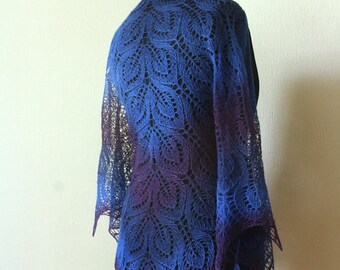 Hand knit wool shawl - blue lace shawl