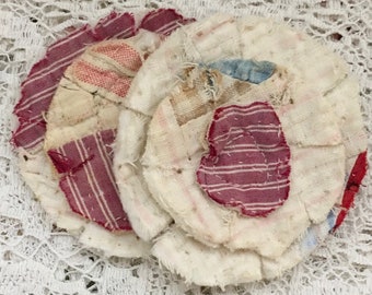 2 upcycled fabric flowers, cottage chic flower gift top, lot flower supplies, scrap flowers shabby upcycled quilt flower scrap appliques #48