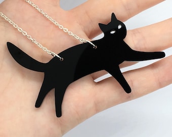 Black Laser Cut Acrylic Cat Necklace 20" Silver Chain