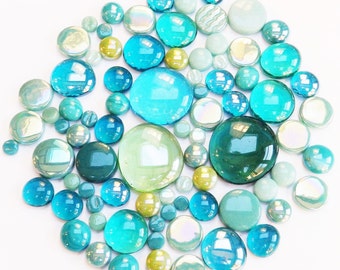 200g Round Mix of Glass Pebbles & Mosaic Tiles - Teal