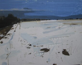 March Snow Field, Original Winter Landscape Collage Painting on Panel, Ready to Hang, Stooshinoff