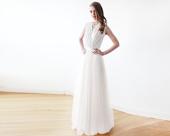 Ivory minimalist tulle wedding gown Ivory bridal maxi tulle