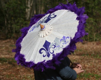 Purple & Ivory parasol with Hand Painted Fleur de Lis