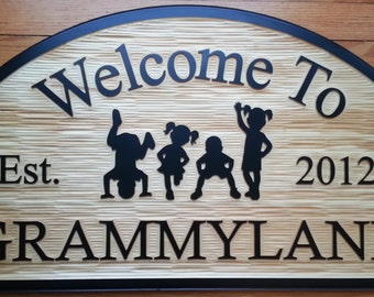 Personalized Outdoor Wood Sign Hanging W/ Customizable Text and Kids (Textured Background)