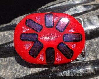 Cherry Red Fused Glass Belt Buckle with Dichroic Glass Design/ Abstract Art Recycled Glass Belt Buckle
