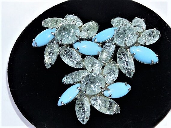 Vintage Rhinestone Brooch / Blue Milk Glass / Cracked Ice / Crackled / Flower Floral Brooch