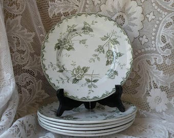 6 x French vintage ironstone transferware plates, green transferware plates, French country home, shabby chic, antique dessert plates