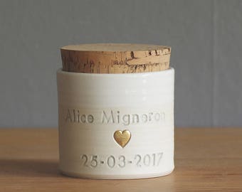 custom urn with cork lid. Optional gold accent heart shown. custom urn for ashes or pet urn. cremation urn. white with dove grey shown