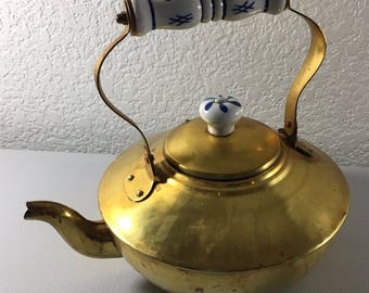 Vintage Copper Tea Pot Kettle Blue White Porcelain Handle Knob Gooseneck Spout