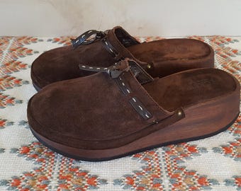 90s Brown Suede Clogs Wooden Heel Platform Leather J CREW 1990s Boho Hippie Minimalist 70s Style