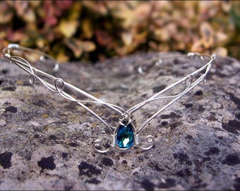 Tiara circlet in sterling silver plate with Bermuda blue Swarovski elven crown