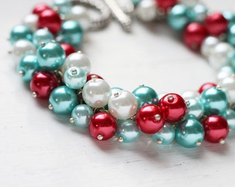Teal Red Wedding Bridesmaid Jewelry Pearl Cluster Bracelet - Carnival