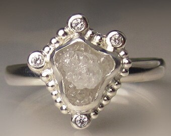 Granulated Raw Diamond Ring, White Rough Diamond Engagement Ring, Rough Diamond Halo Ring
