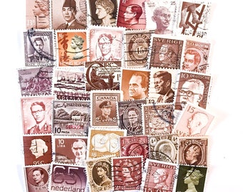 36 x brown, used postage stamps from 22 different countries, all off paper for collage, stamp collecting, crafting and scrapbooking