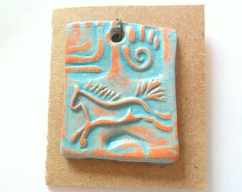 Spirit Horse Pendant Finding, Distressed Turquoise Terra Cotta Kiln Fired Clay