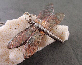 Silver dragonfly pendant, handmade eco friendly fine silver maple seed pod wing insect-OOAK
